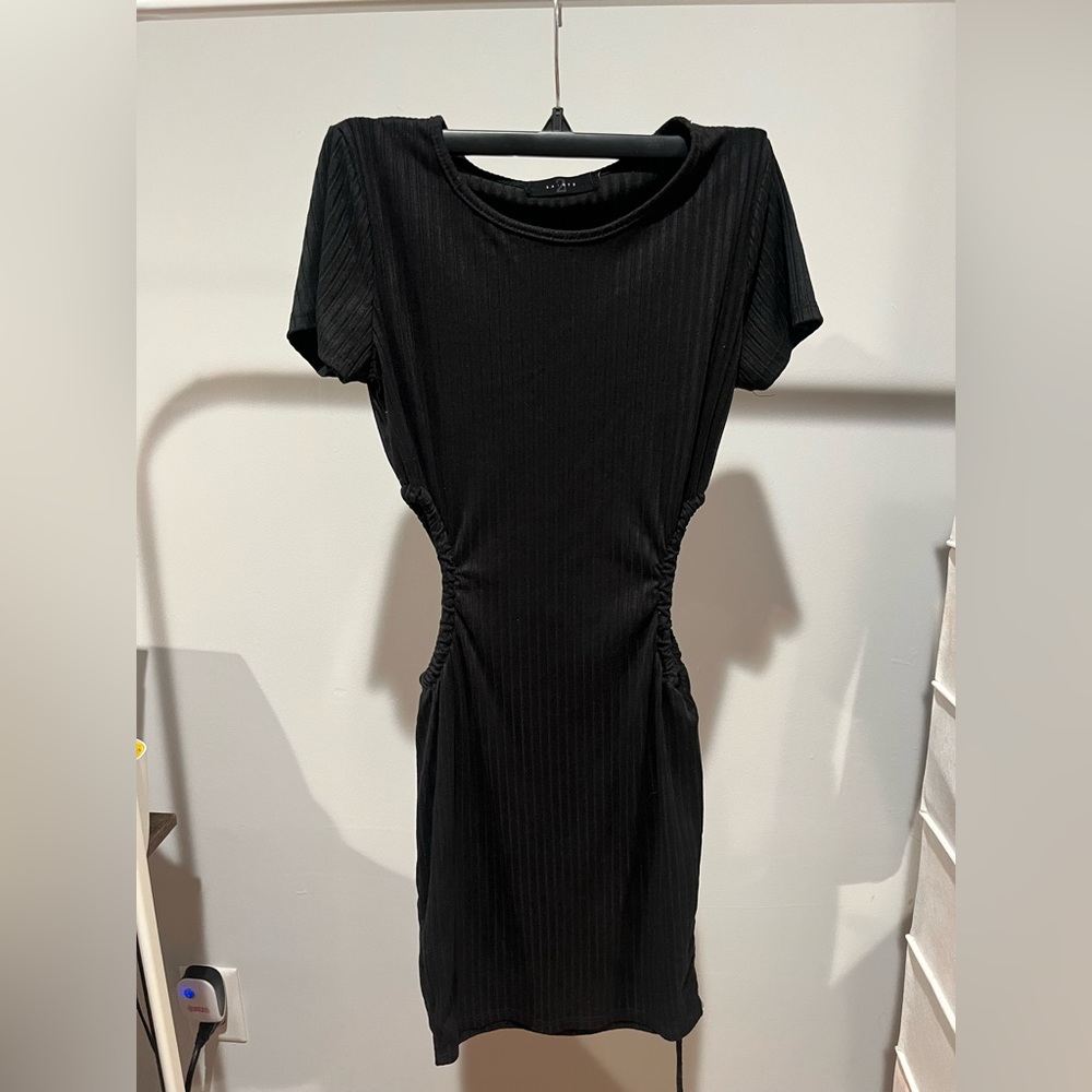 Black Ribbed Knit Cutout Drawstring Fitted Dress